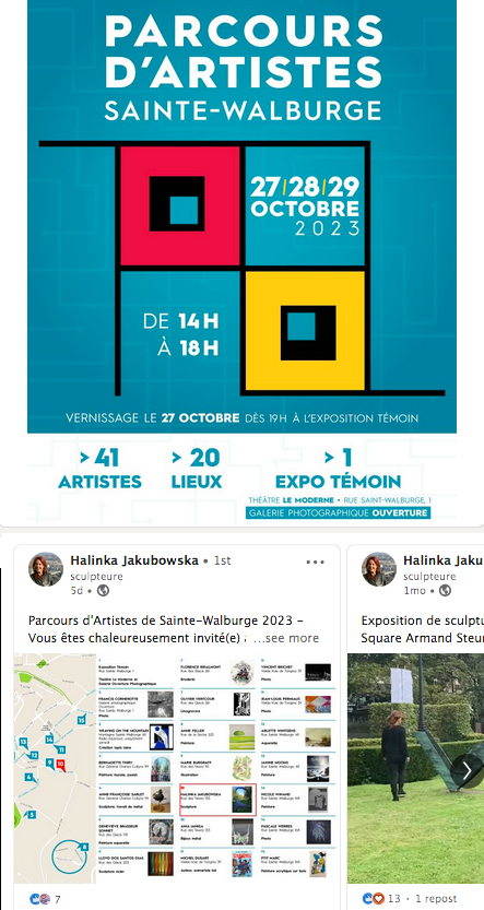 Affiche Parcours d|artistes de Sainte-Walburge. Invitation Invitation « Portes ouvertes » de Halinka Jakubowska, sculpteure. 2023-10-28